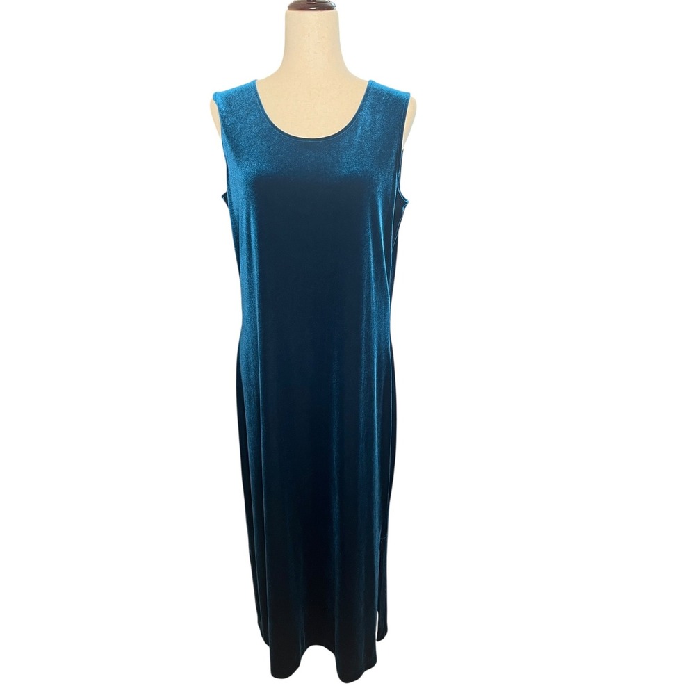 Coldwater Creek Teal Blue Velvet Sleeveless Maxi Dress Y2K 90s Slit‎ Womens 12P